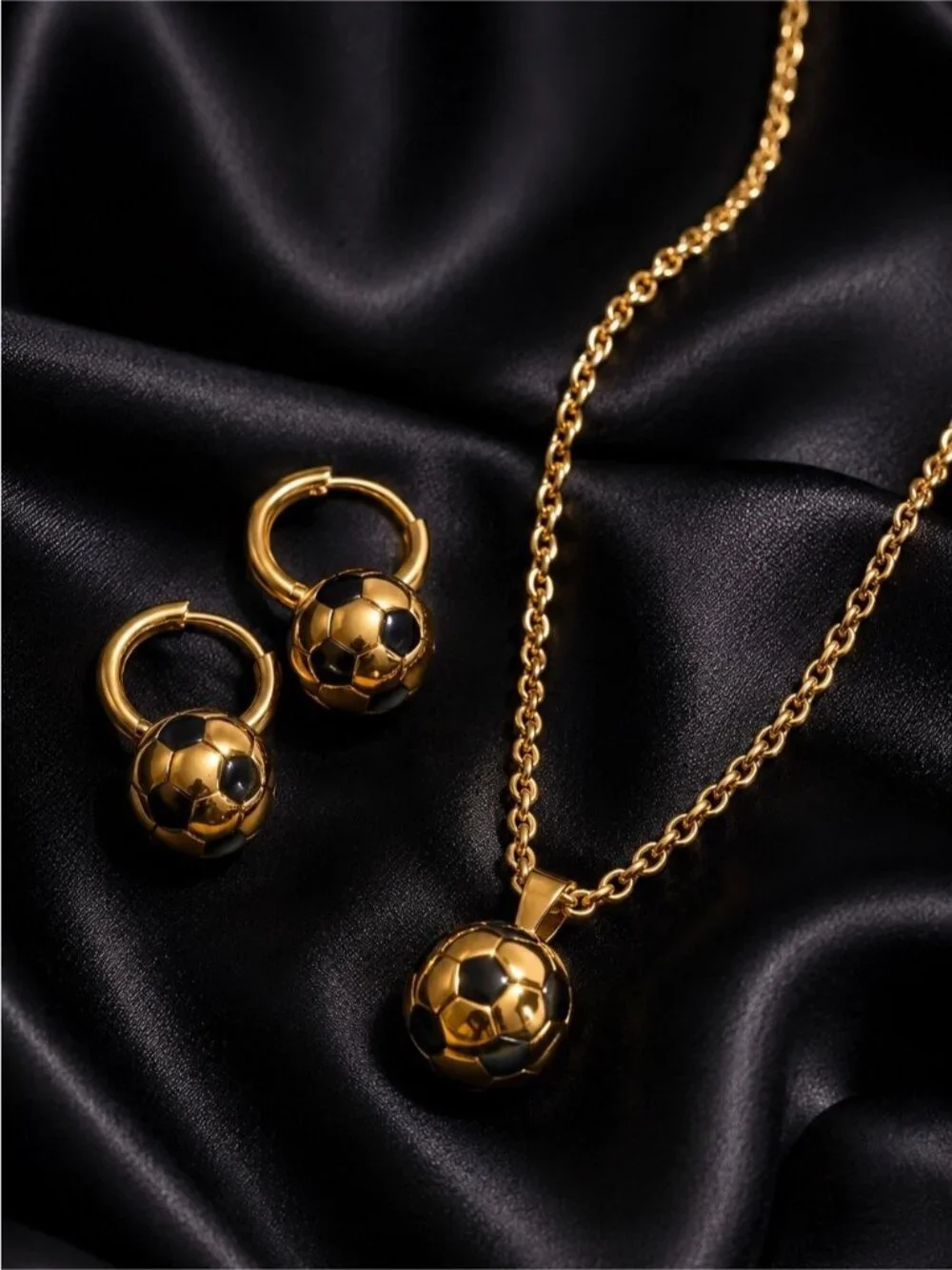 Gold and Black Soccer Ball Pendant Necklace with Matching Hoops